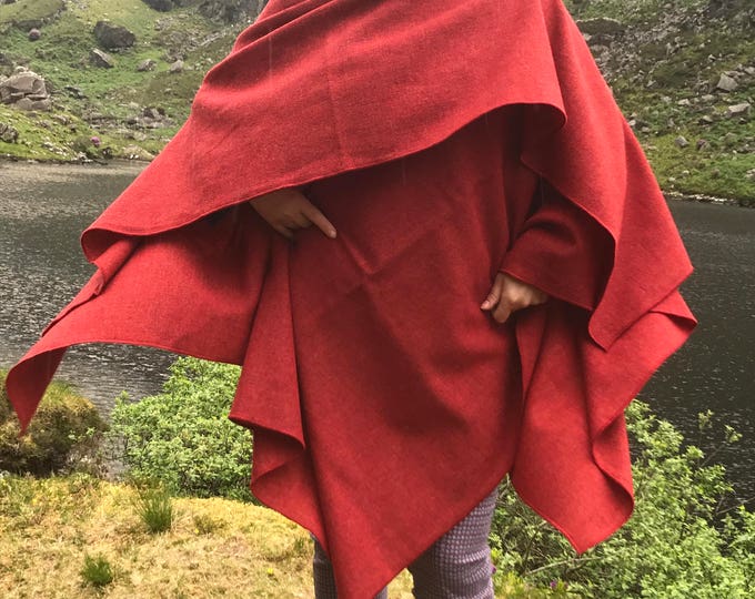 Irish tweed wool ruana, wrap, cape, coat, arisaid- red - lightweight fabric - 100% wool - ready for shipping - HANDMADE IN IRELAND
