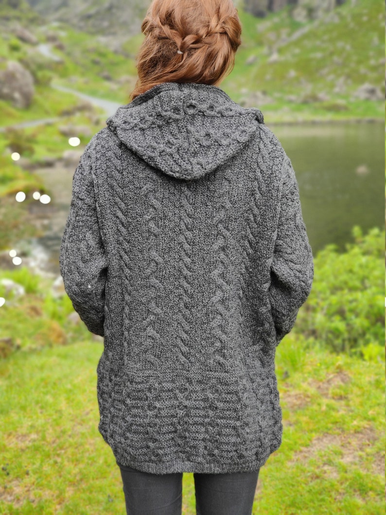 Irish Aran Long Hooded Cardigan With Pockets Charcoal 100% Pure New Wool / Pure Soft Merino Wool Really Warm & Chunky MADE IN IRELAND image 5