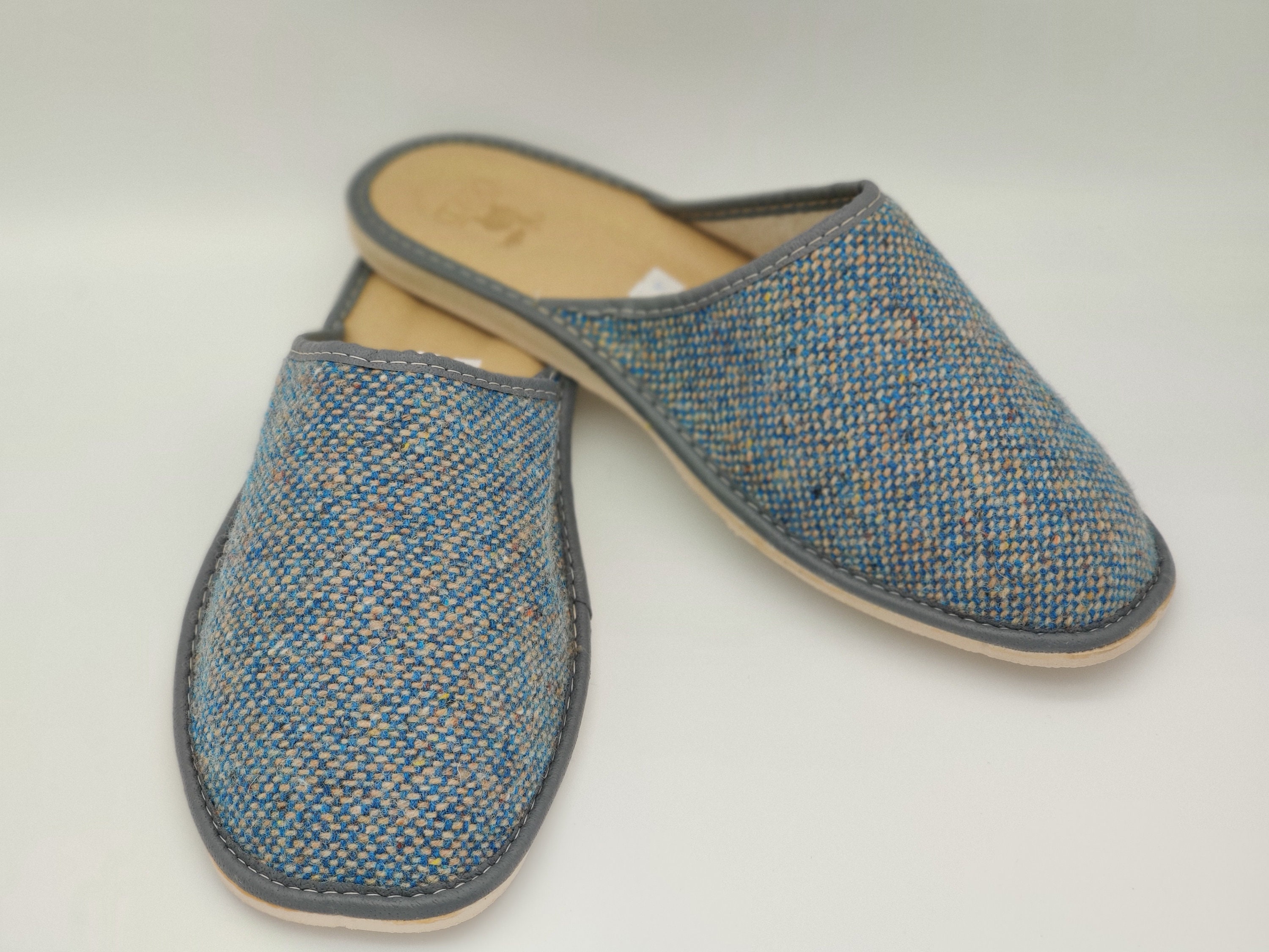 Gents Irish Tweed Slippers - turquoise / grey - ready for shipping ...