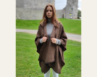 Brown & Bronze Wool Cape Wrap, With or Without Hood, Heavy Donegal Herringbone Tweed