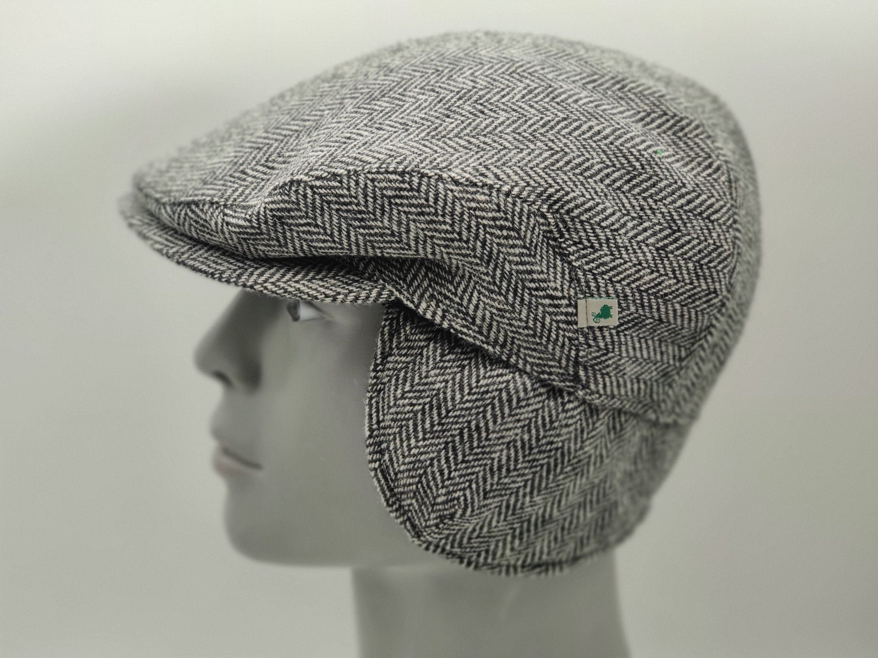 Irish Tweed Flat Cap Black & White Herringbone 100% Pure New Wool Padded  With Foldable Ear Flaps HANDMADE IN IRELAND 