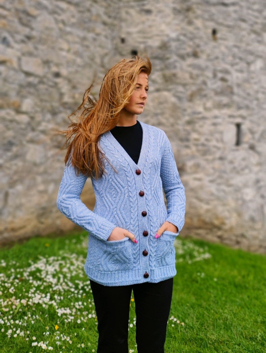 Irische Aran Merino Wolle Strickjacke Lumber Jacke Himmelblau Mit  Taschen 100% Merinowolle Warm Dick HANDMADE INIRLAND