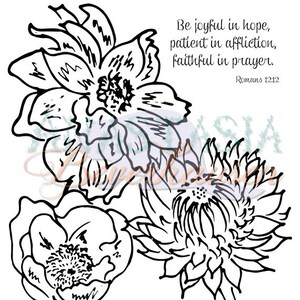 Puede incluir: Dibujo lineal en blanco y negro de tres flores con detalles intrincados de pétalos. La imagen incluye el texto "Be joyful in hope, patient in affliction, faithful in prayer. Romans 12:12."
