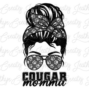 Cougar Momma Messy Bun (Black, Grey) - Sublimation, PNG, Clip Art, Digital Download, Scrapbooking