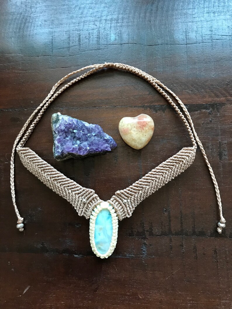 Boho Jewellery Macrame Pendant Larimar Necklace Larimar Macrame Choker Adjustable