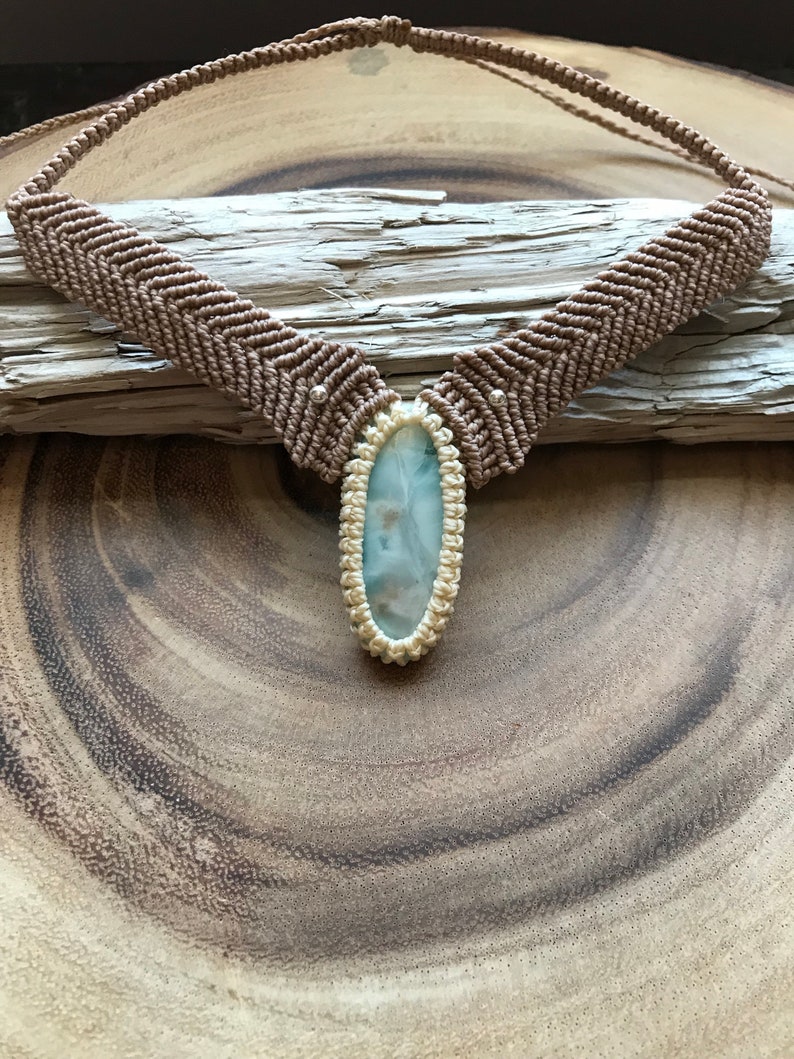 Boho Jewellery Macrame Pendant Larimar Necklace Larimar Macrame Choker Adjustable