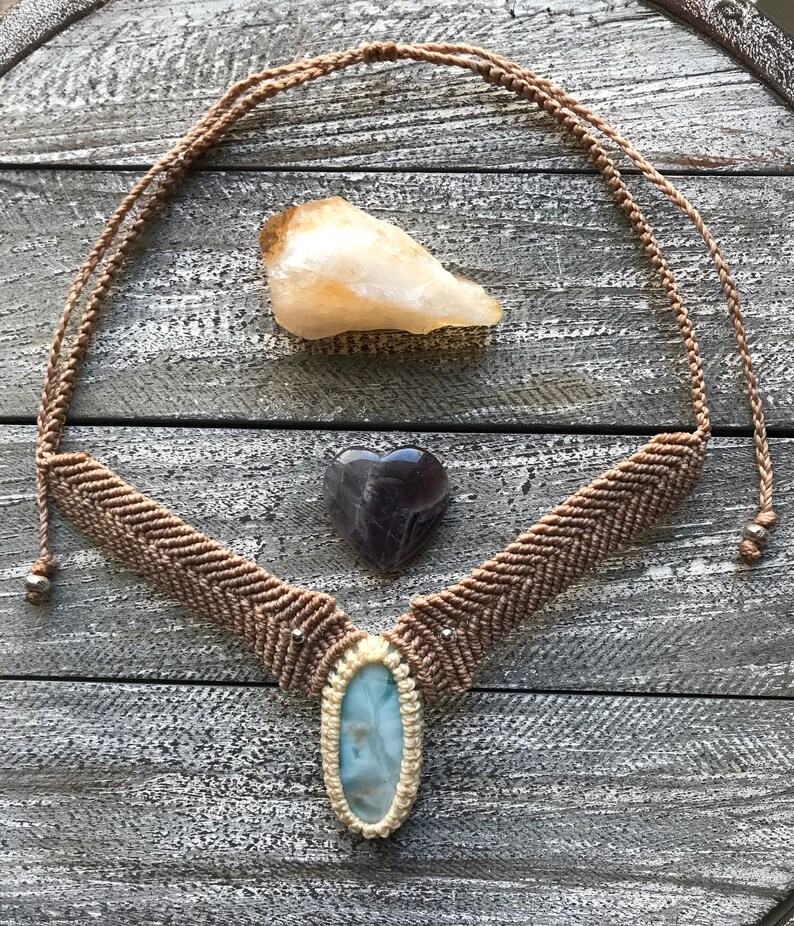Boho Jewellery Macrame Pendant Larimar Necklace Larimar Macrame Choker Adjustable