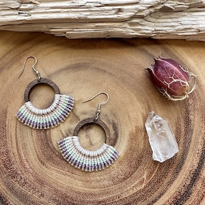 Macrame Fan Earrings: Boho Wooden Hoop Jewelry with Seed Beads