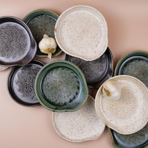 Peut inclure: Vue aérienne de plusieurs râpes à ail en céramique de différentes couleurs, dont noir, vert et blanc cassé. Chaque râpe présente une surface texturée avec un motif en spirale. Une tête d'ail repose sur une des assiettes.