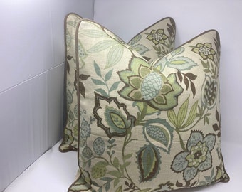 Pair of Jacobean Floral Designer Pillow Covers - Richloom “Jayda” Fabric - White/ Mint Green/ Brown - Custom Piping  - 20x20 Covers