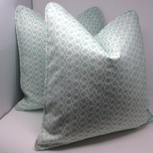 2pc Designer Pillow Cover Set - Annie Selke “Bead” Design for P Kaufmann Fabric - Spa Blue/ White - Custom Piping - 20x20 Covers