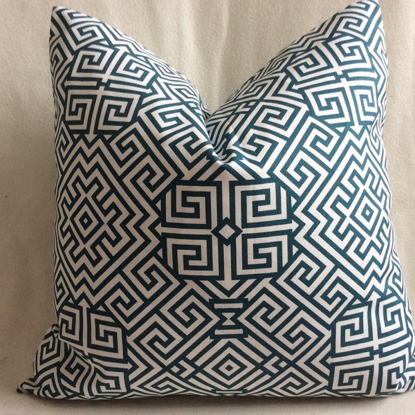 Large Modern Greek Key Pillow Cover - Blue/ White Cotton Print - Fabric on Both Sides - 22x22 Cover