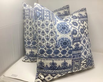 Pair of Classic Designer Pillow Covers - Covington  Fabric - Collage of Timeless Blue and White Patterns  - 2pc Set - 20x20 Covers