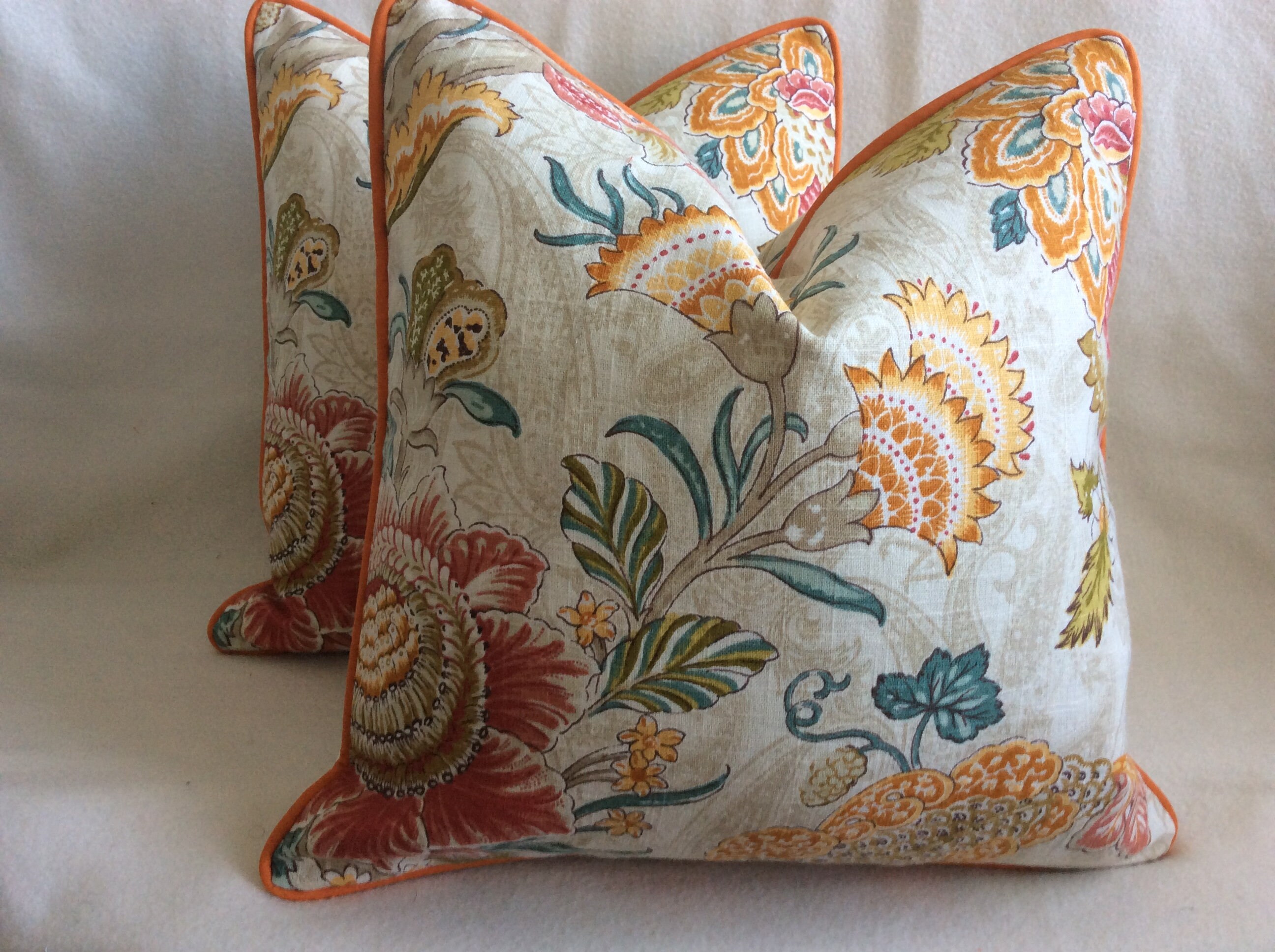 Two Jacobean Print Designer Pillow Covers P Kaufmann Etsy