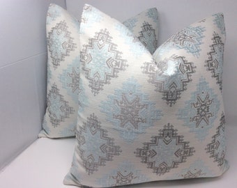 Pastel Pillow Cover Set - Subtle Southwestern Design Textured Fabric - White/ Lt Blue/ Beige - 2pc Set - 20x20 Covers