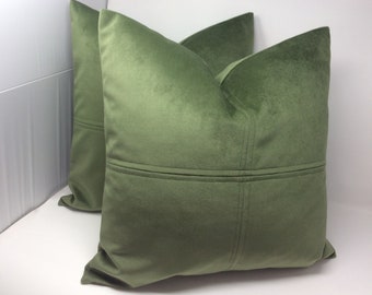 Two Faux Suede Pillow Covers - Dark Olive Green - Top Stitch  Detail - 20x20 Covers