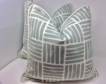 Set of 2 Modern Designer Pillow Covers - Nate Berkshire “Brosse” Fabric - Gray/ White Geometric Print - Custom Piping - 20x20 Covers