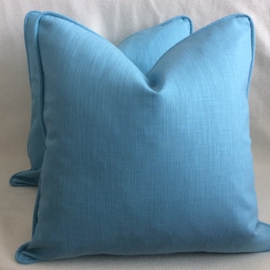 Pair of Designer Solid Pillow Covers - Deep Aqua Linen Blend Fabric - Custom Self Piping - 2pc Set -  18x18 Covers