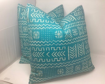 Pair of Tribal Print Designer Pillow Covers - Covington Tribal Jacquard Print Fabric - Unconvential Teal Color - 2pcSet  -  20x20 Covers