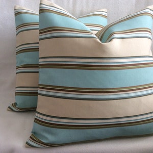 Pair of Multi Striped Indoor/ Outdoor Pillow Covers - Tranquil sand and Sky Colors - Invisible Zipper - 20x20 Covers