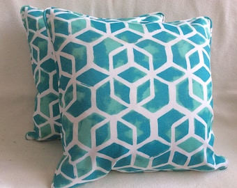 Pair of Bright Indoor/ Outdoor Pillow Covers - Turquoise Geometric Fabric - Custom Self Piping - 18x18 Covers