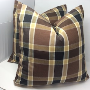 Set of Two Plaid Pillow Covers - Brown/ Black/ Off White  - Invisible Zipper Closing - 20x20 Covers