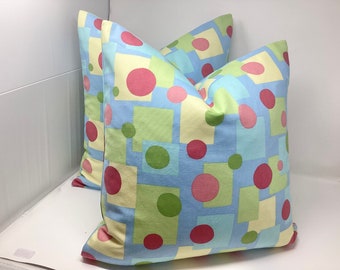 Two Geometric  Designer Pillow Covers - Braemore Kaleidoscope of Dots and Squares - Blue/ Pink/ Red/ Green - 20x20 Covers