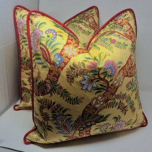 Two Colorful Traditional Designer Pillow Covers - Jay Yang Vibrant Floral Print - Yellow/ Red/Green - Custom Piping - 20x20 Covers