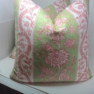 Two Traditional Designer Pillow Covers - Bloomcraft Striped Floral Screen print - Soft Green/ Red/ White - Invisible Zipper - 22x22 Covers