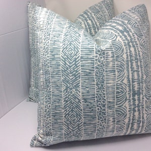 Pair of Tribal Print Designer Pillow Covers - Robert Allen Ethnic Stripe Fabric - Blue/ White  - 2pcSet  -  18x18 Covers
