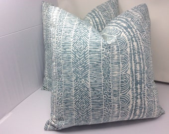 Pair of Tribal Print Designer Pillow Covers - Robert Allen Ethnic Stripe Fabric - Blue/ White  - 2pcSet  -  18x18 Covers