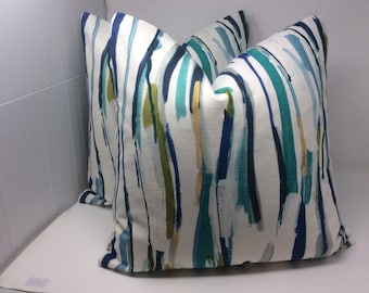 Pair of Brushstrokes Designer Pillow Covers - Belle Madison “Ziggy” Fabric - Shades of Blue/Brown - Invisible Zippers - 20x20 Covers