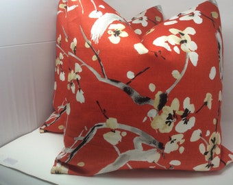 Modern Floral Designer Pillow Covers  - P Kaufmann stylistic floral fabric - Linen Blend - Red/ White/ Black -  2pc Set  - 20x20  Covers