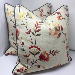 Pair of Floral Designer Pillow Covers - Collier Campbell “Pirouette” Design Fabric for Fabricut - Custom Piping - 20x20 Covers