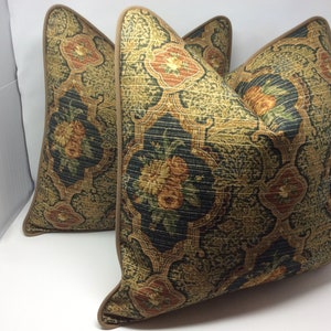 Vintage Look Designer Pillow Covers - P Kaufmann Floral - Black/ Gold Ribcord Fabric - Custom Piping - 2pc Set - 20x20 Covers