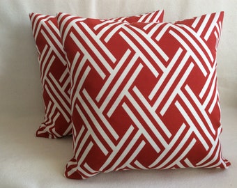 2pc Indoor/ Outdoor Pillow Covers - Mill Creek “Crowley-Sussex” Fabric - Red/ White  - 18x18 Covers