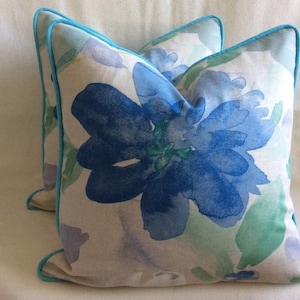 Pair of Watercolor Floral Designer Pillow Covers - P Kaufmann “Mantra Horizon” Fabric - Blue/ Turquoise - Custom Piping  - 20x20 Cover