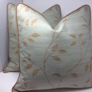 Simply Elegant Designer Pillow Cover Set - Parkertex “Painted Leaves” 100% Linen Fabric - Celadon/ Tan - Custom Piping - 20x20 Cover