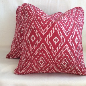 Pair of Designer Pillow Covers - Woven Diamond Pattern Ikat Fabric - Red/ White - Custom Piping - 18x18 Covers