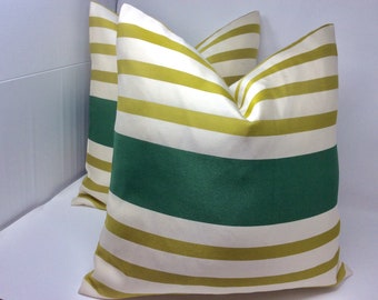 Minimalist Designer Pillow Cover Set - White/ Bronze/ Teal Stripe - Invisible Zippers - 20x20 Covers