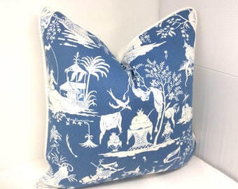 Chinoiserie Designer Pillow Cover - Schumacher “Starry Night” Cotton Fabric - China Blue/ White - Custom Piping - 20x20 Cover