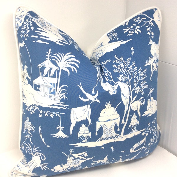 Chinoiserie Designer Pillow Cover - Schumacher “Starry Night” Cotton Fabric - China Blue/ White - Custom Piping - 20x20 Cover