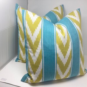 Pair of Indoor/ Outdoor Pillow Covers - P Kaufmann Ikat Stripe Fabric - Turquoise/ Gold - 20x20 Covers