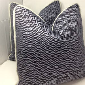Two Classic Tailored Designer Pillow Covers - Black/ Beige Woven Mini Diamond Design with Contrasting Piping - 20x20 Covers