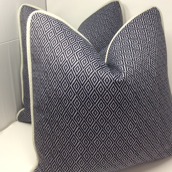 Two Classic Tailored Designer Pillow Covers - Black/ Beige Woven Mini Diamond Design with Contrasting Piping - 20x20 Covers