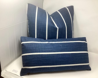 Dúo de fundas de almohada clásicas a rayas - Azul marino/Blanco - Juego de fundas cuadradas y lumbares - Fundas de 20x20 y 12x22