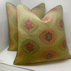 Dark and Moody Designer Pillow Covers - Richly Woven Medallion Fabric - Green/ Wheat/ Red - Custom Piping - 2pc Set - 20x20 Covers