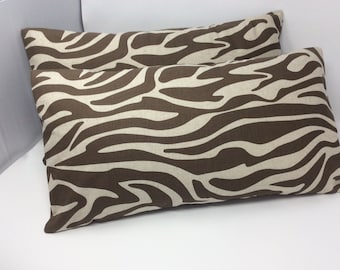 Animal Print Designer Lumbar Pillow Covers - 2pc Pillow Set - Brown and Beige Zebra Print Cotton Fabric - 12x22 Covers