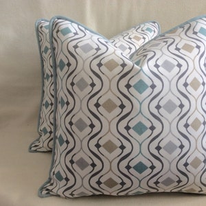 Pair of Modern Indoor/ Outdoor Pillow acovers - Covington “Lema Serenity” Fabric - White/ Blue/ Gray - Custom Piping - 18x18 Covers