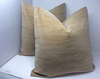 Set of Neutral Designer Pillow Covers - Plush Velvet Minimalist Print Fabric - Camel/ Off White -2pc Set  -  20x20 Covers
